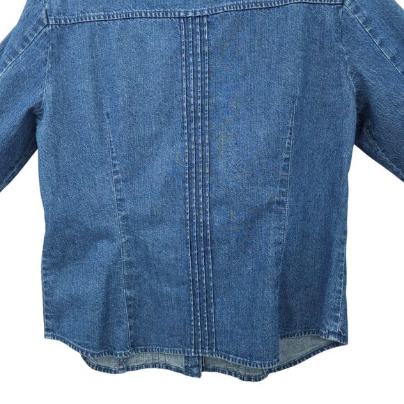 Harolds Denim Top Womens Size 12 Pleated Front Back Detail Round Neck 3/4 Sleeve - Picture 15 of 16